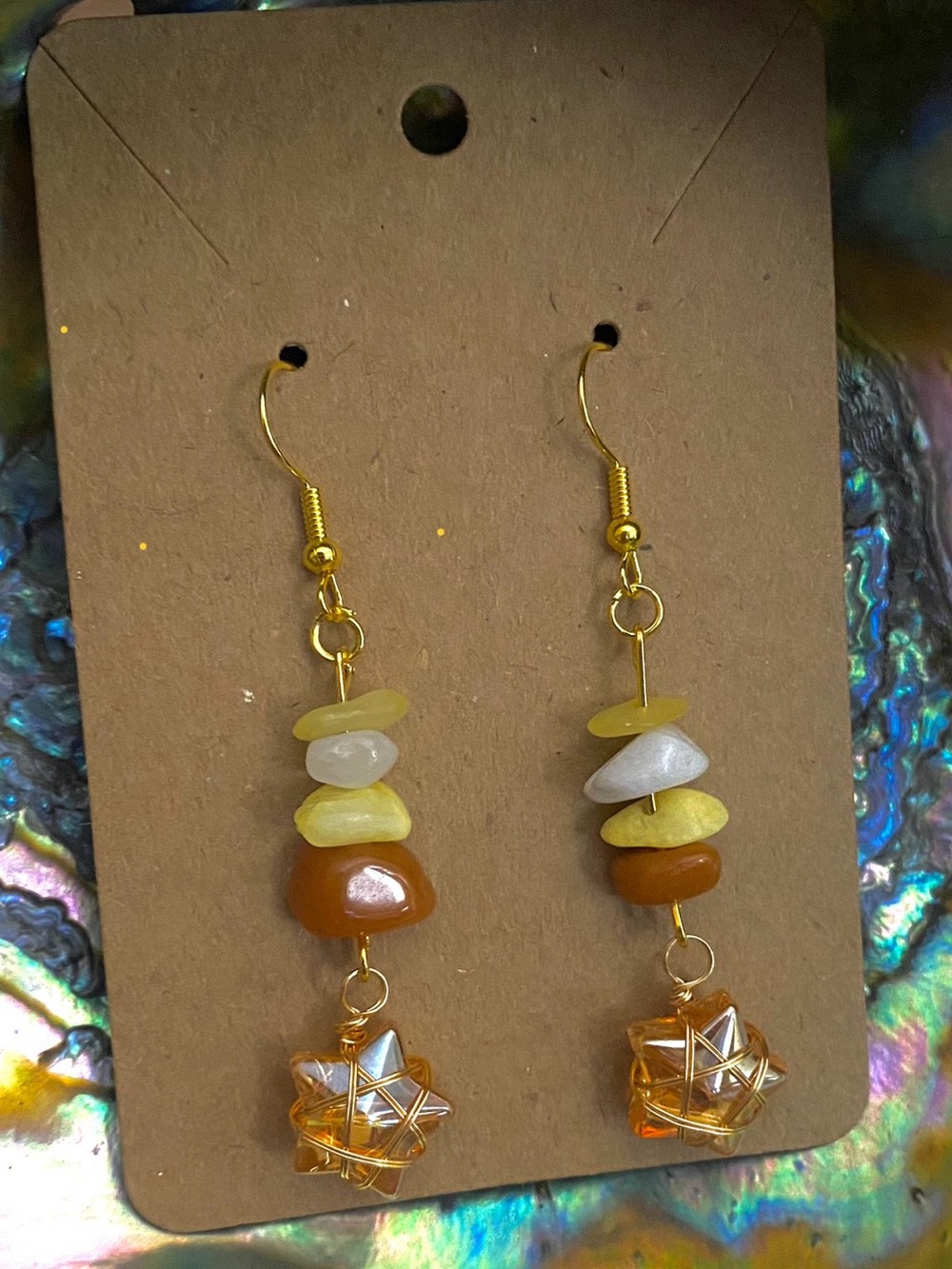 Yellow & Amber Bead Drop Earrings with Gold Accents
